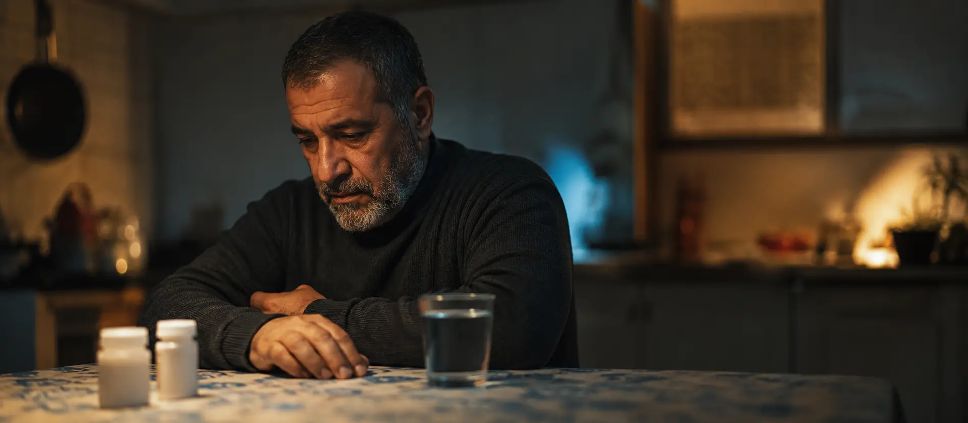 Homme tunisien mature, expression de fatigue, pilules sur table
